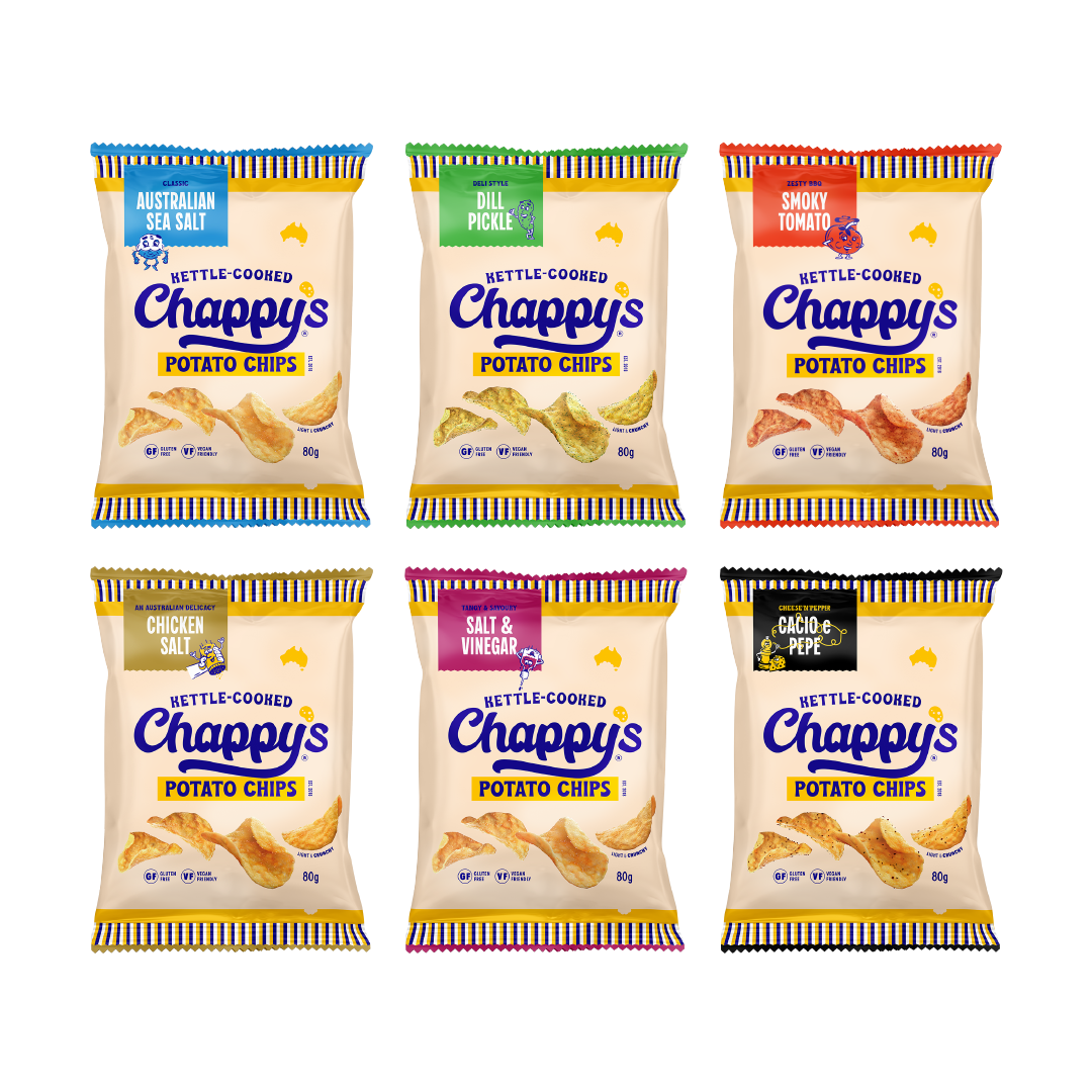 Six bags of Chappy's Kettle-Cooked Potato Chips, each with a different flavor label: Australian Sea Salt, Dill Pickle, Smoky Tomato, Chicken Salt, Salt & Vinegar, and Cacao e Pepe.