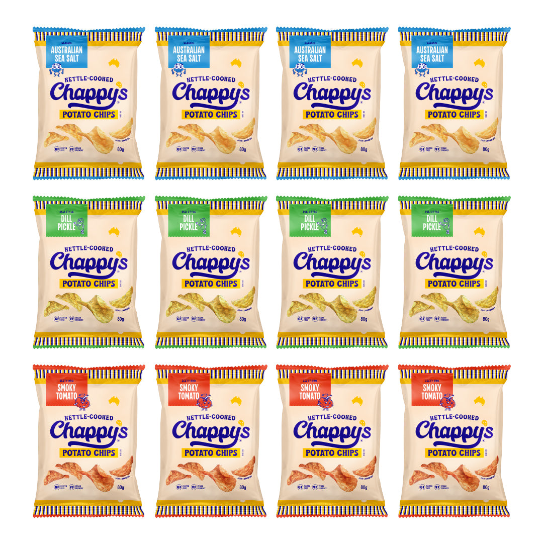 Multiple packages of Chappy's potato chips on a white background