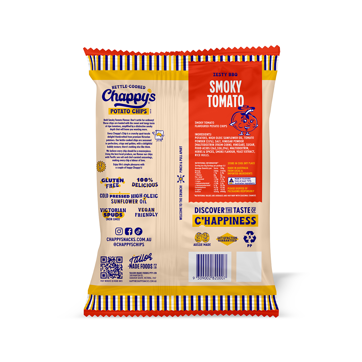 Chappys Smoky Tomato potato chips packaging with red vibrant flavour logo on a white background