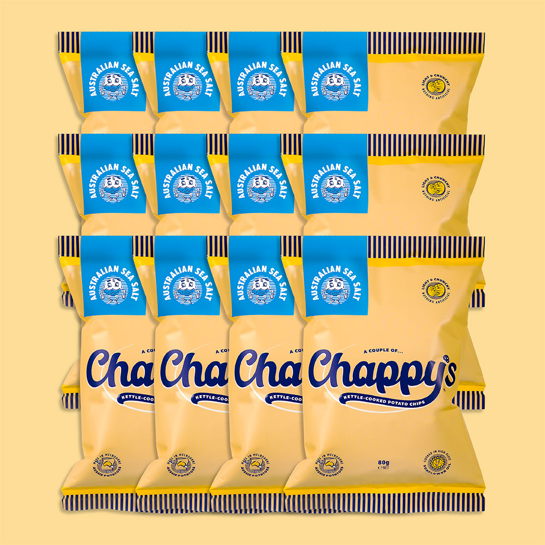 A collection of twelve Chappy's potato chip bags in yellow and Sea Salt blue packaging, arranged in a grid pattern.
