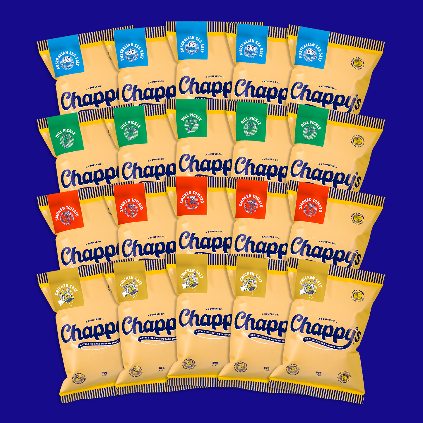 A collection of twenty Chappy's potato chip bags arranged in a grid pattern on a yellow background, showcasing various flavours on blue background