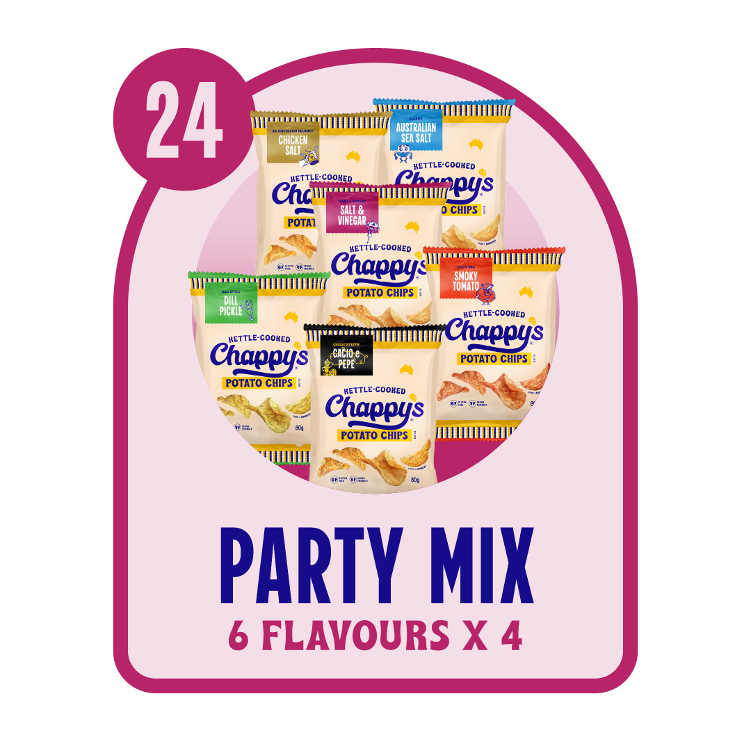 Packaging of Chappy's potato chips with 24 packages, featuring 6 flavors, on a pink and purple background.