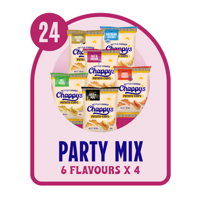 Packaging of Chappy's potato chips with 24 packages, featuring 6 flavors, on a pink and purple background.