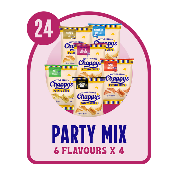 Packaging of Chappy's potato chips with 24 packages, featuring 6 flavors, on a pink and purple background.
