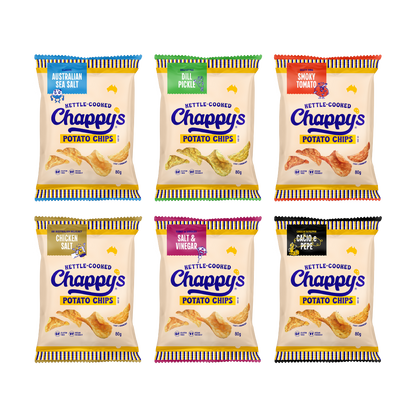 Six bags of Chappy's Kettle-Cooked Potato Chips, each with a different flavor label: Australian Sea Salt, Dill Pickle, Smoky Tomato, Chicken Salt, Salt & Vinegar, and Cacao e Pepe.