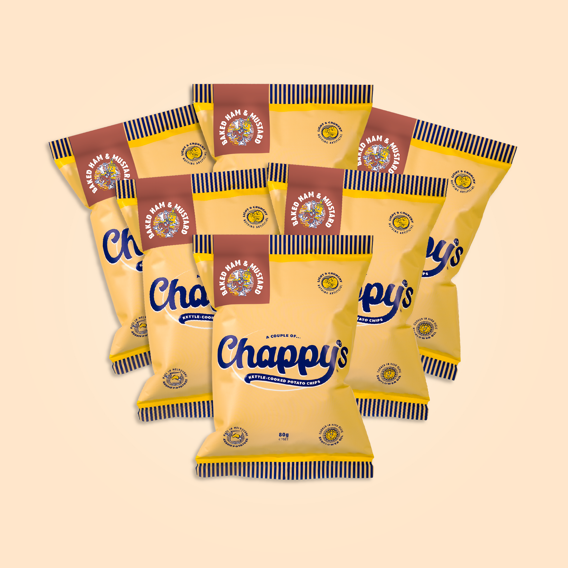A collection of Chappy's potato chip bags with Ham and Mustard flavour. The bags are yellow with blue and brown branding elements.
