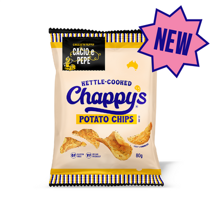 Chappy's Cheese & pepper potato chips packaging with a 'New' label on a white background 