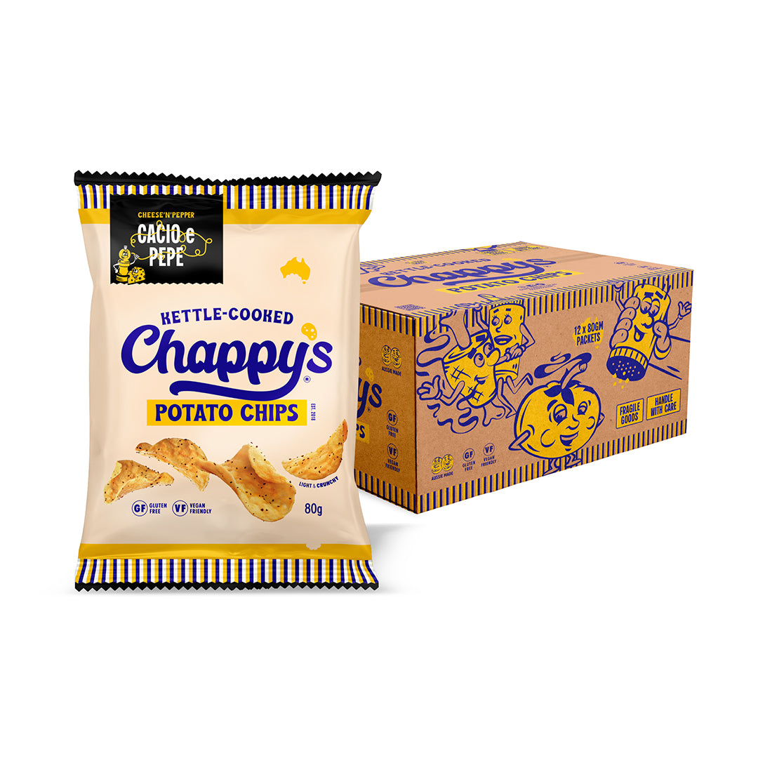Chappy's potato chips, cheese and pepper flavour with a box of the product 