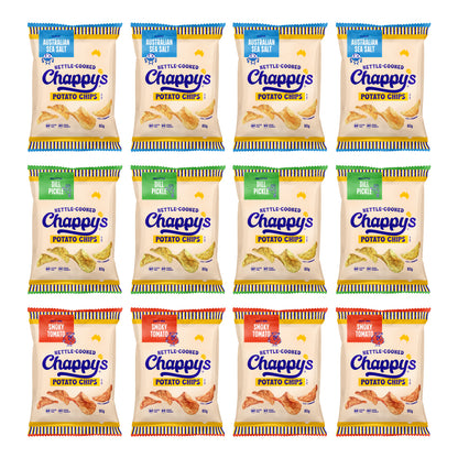 Multiple packages of Chappy's potato chips on a white background