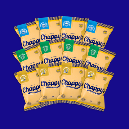 Visible. collection of Chappy's potato chip packs arranged in a pattern against a dark blue background. The packs are yellow with branding and flavour tags 