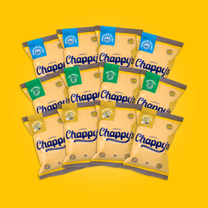 Visible. collection of Chappy's potato chip packs arranged in a pattern against a dark blue background. The packs are yellow with branding and flavour tags .