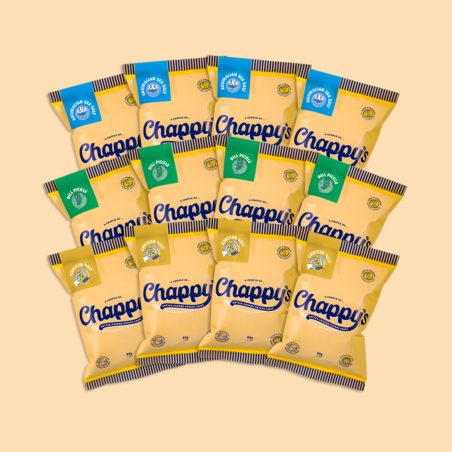 Visible. collection of Chappy's potato chip packs arranged in a pattern against a dark blue background. The packs are yellow with branding and flavour tags .