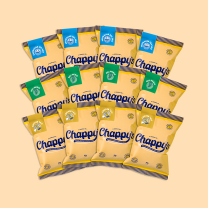 Visible. collection of Chappy's potato chip packs arranged in a pattern against a dark blue background. The packs are yellow with branding and flavour tags .