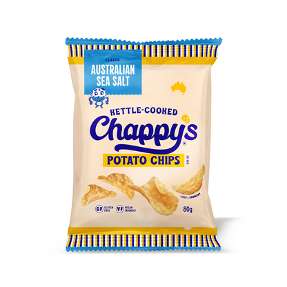 Chappy’s Australian Sea Salt kettle-cooked potato chips, 80g bag with cream packaging, and sky blue flavour logo.