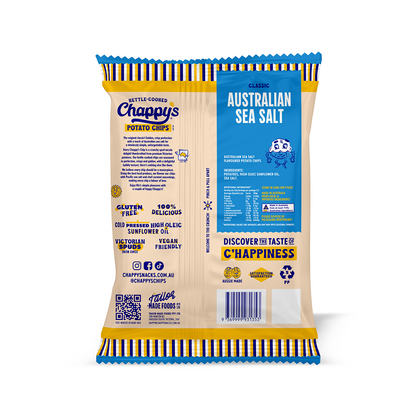 Chappy's Sea Salt potato chips packaging with Australian Sea Salt flavor on a white background