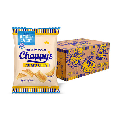 Chappy's Sea Salt potato chips packaging with a box in the background on a white background