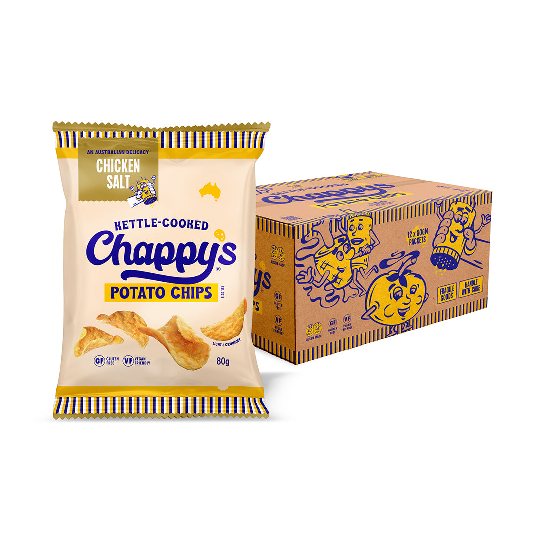 Chappy's Chicken Salt Pack with 3D Chips and fun retro branded logos. Kraft  box with characters.