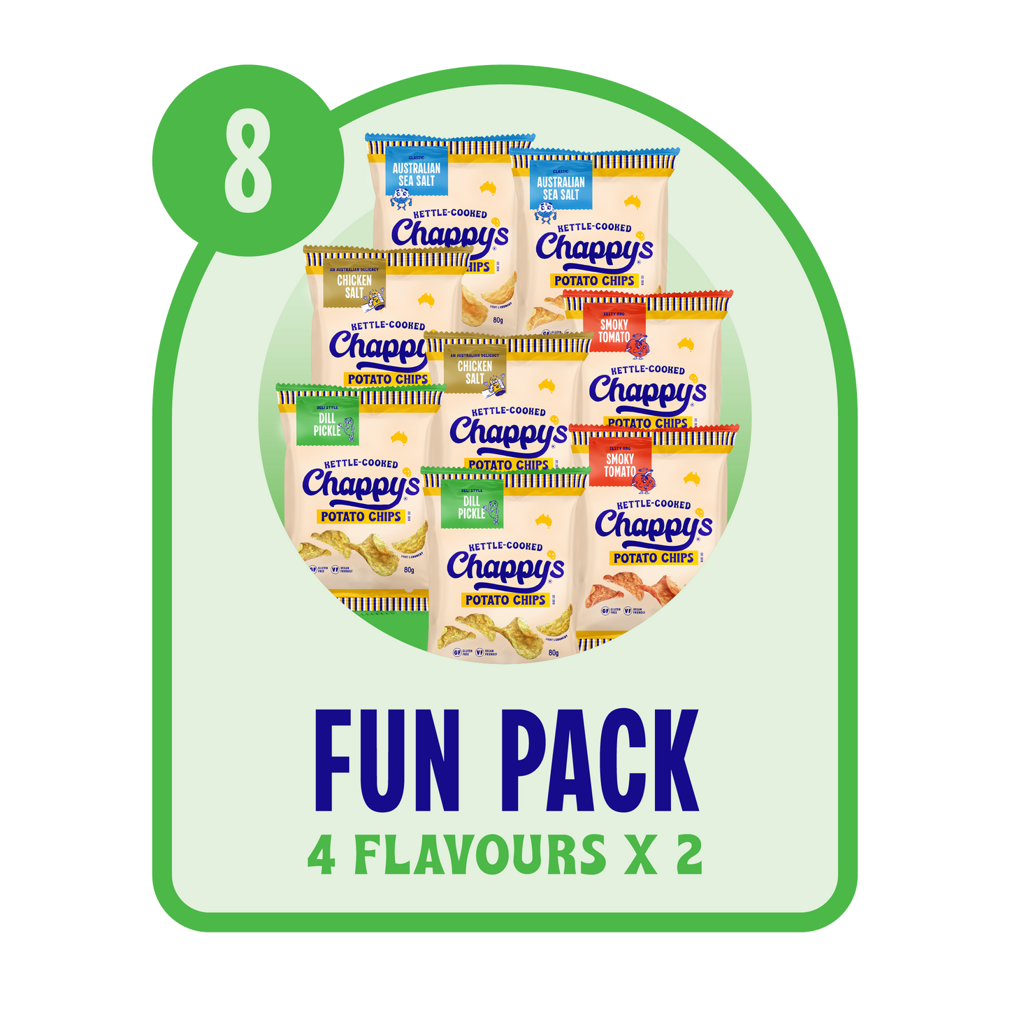 Mix and Match your favourite Chappy's flavours. The Fun Pack size is 8 packs, 4 x Flavours of your choice, great for a small picnic with friends. 