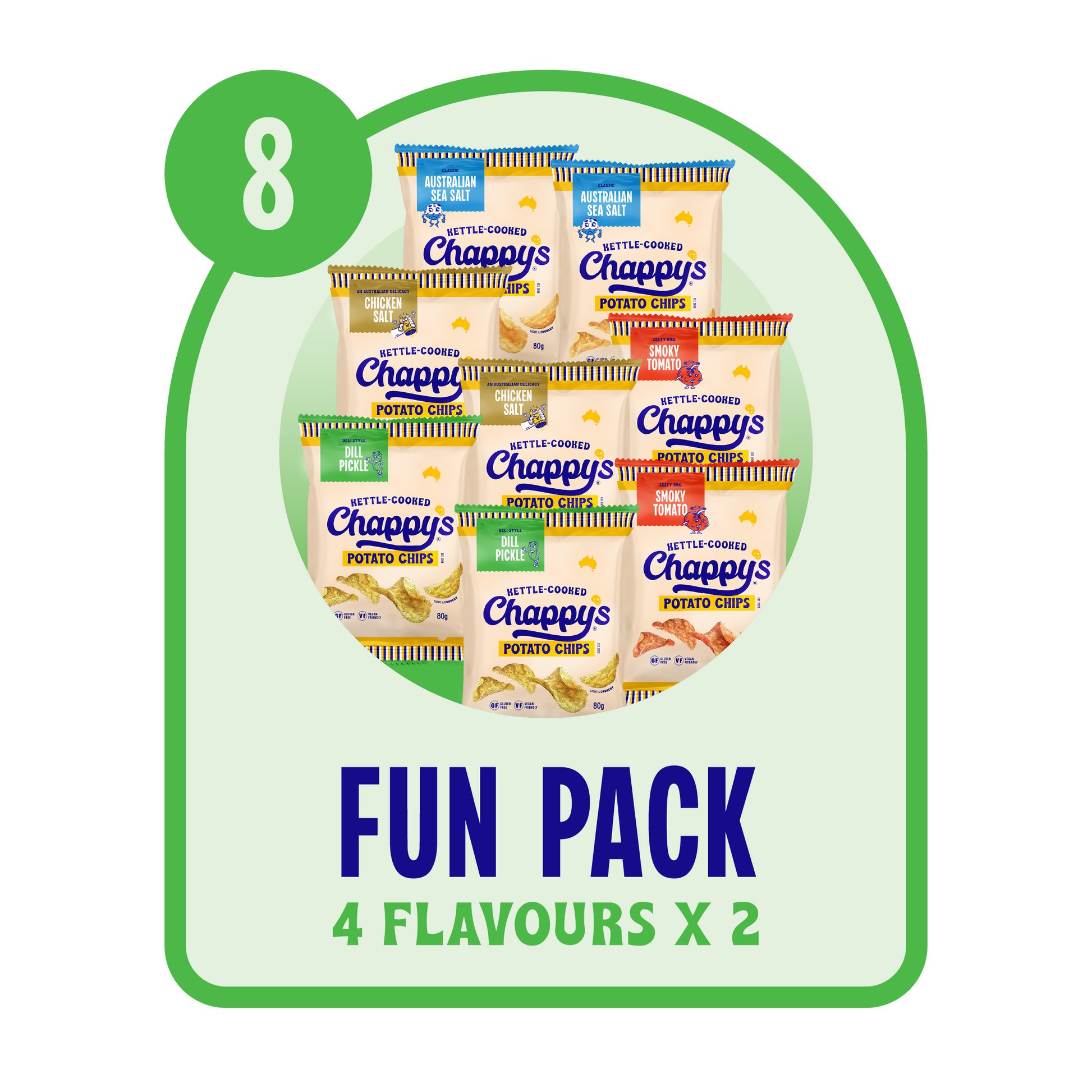 Mix and Match your favourite Chappy's flavours. The Fun Pack size is 8 packs, 4 x Flavours of your choice, great for a small picnic with friends. 