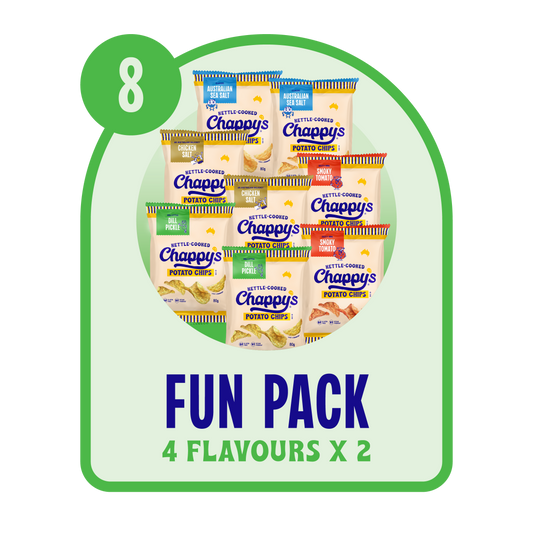 Mix and Match your favourite Chappy's flavours. The Fun Pack size is 8 packs, 4 x Flavours of your choice, great for a small picnic with friends. 