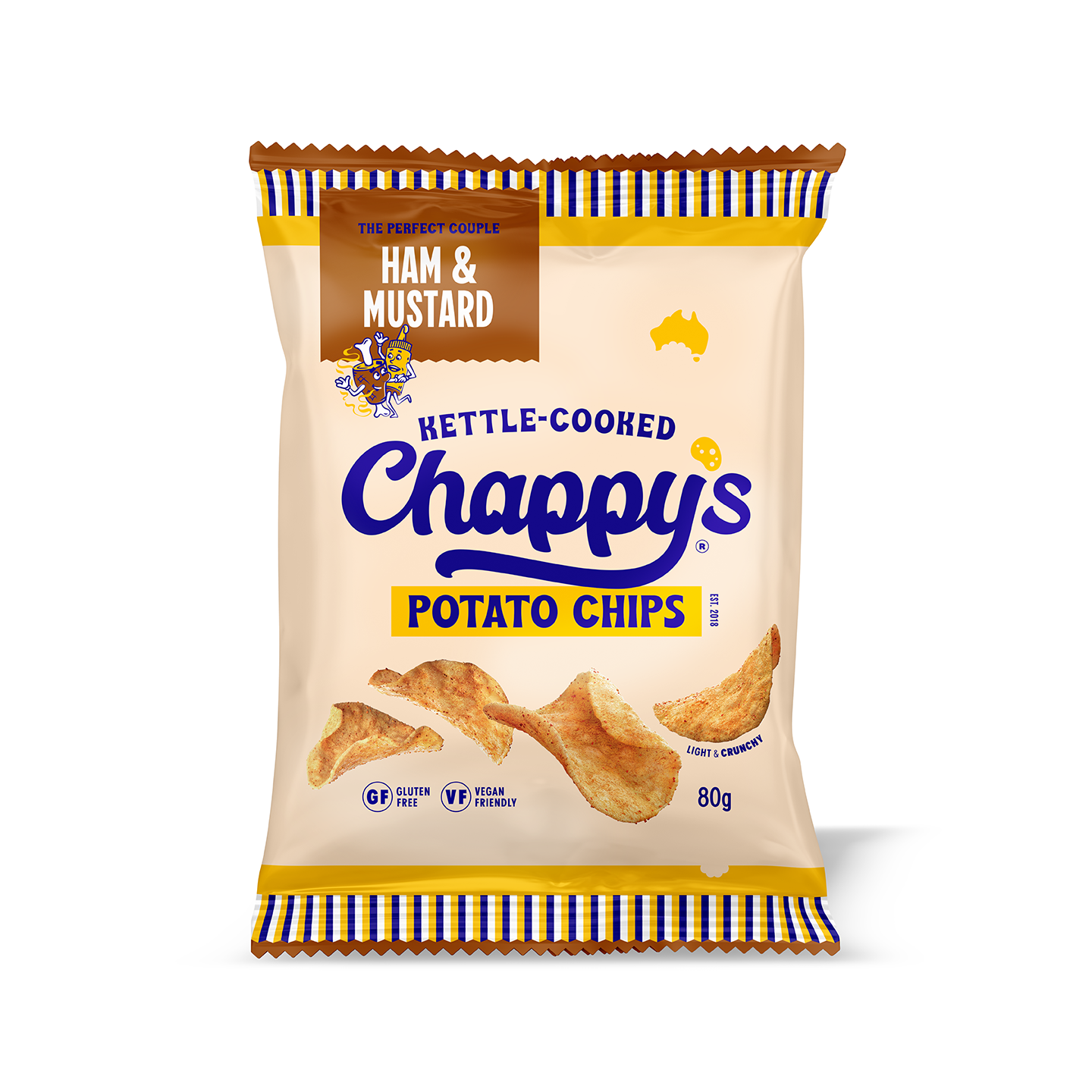 Cream packet of Chappy's potato Ham chips on a white background