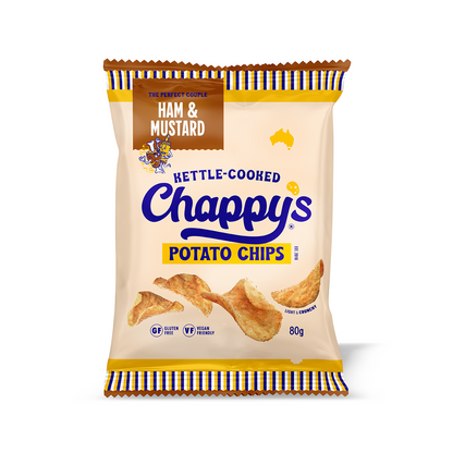 Cream packet of Chappy's potato Ham chips on a white background