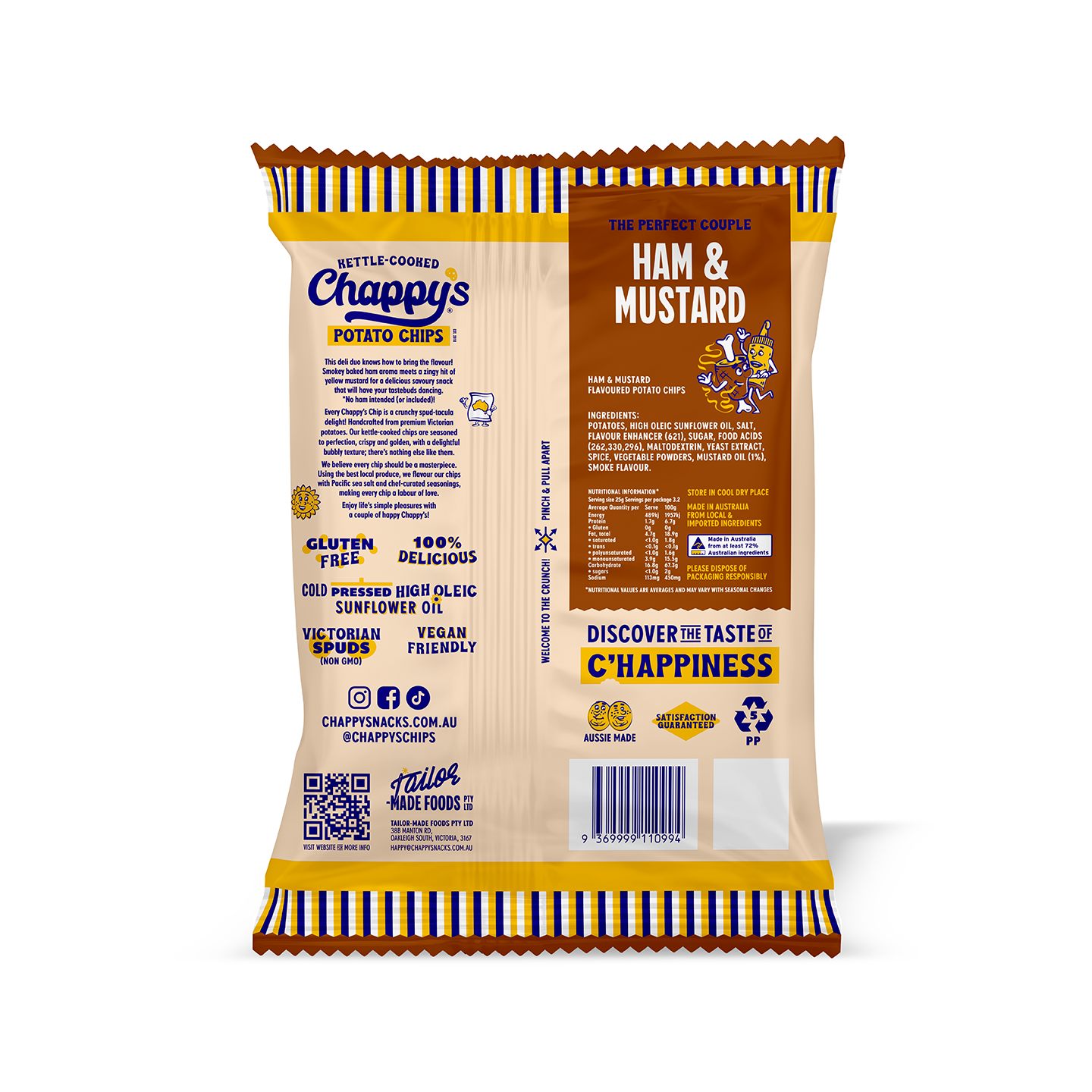 Cream packet of Chappy's potato Ham chips on a white background