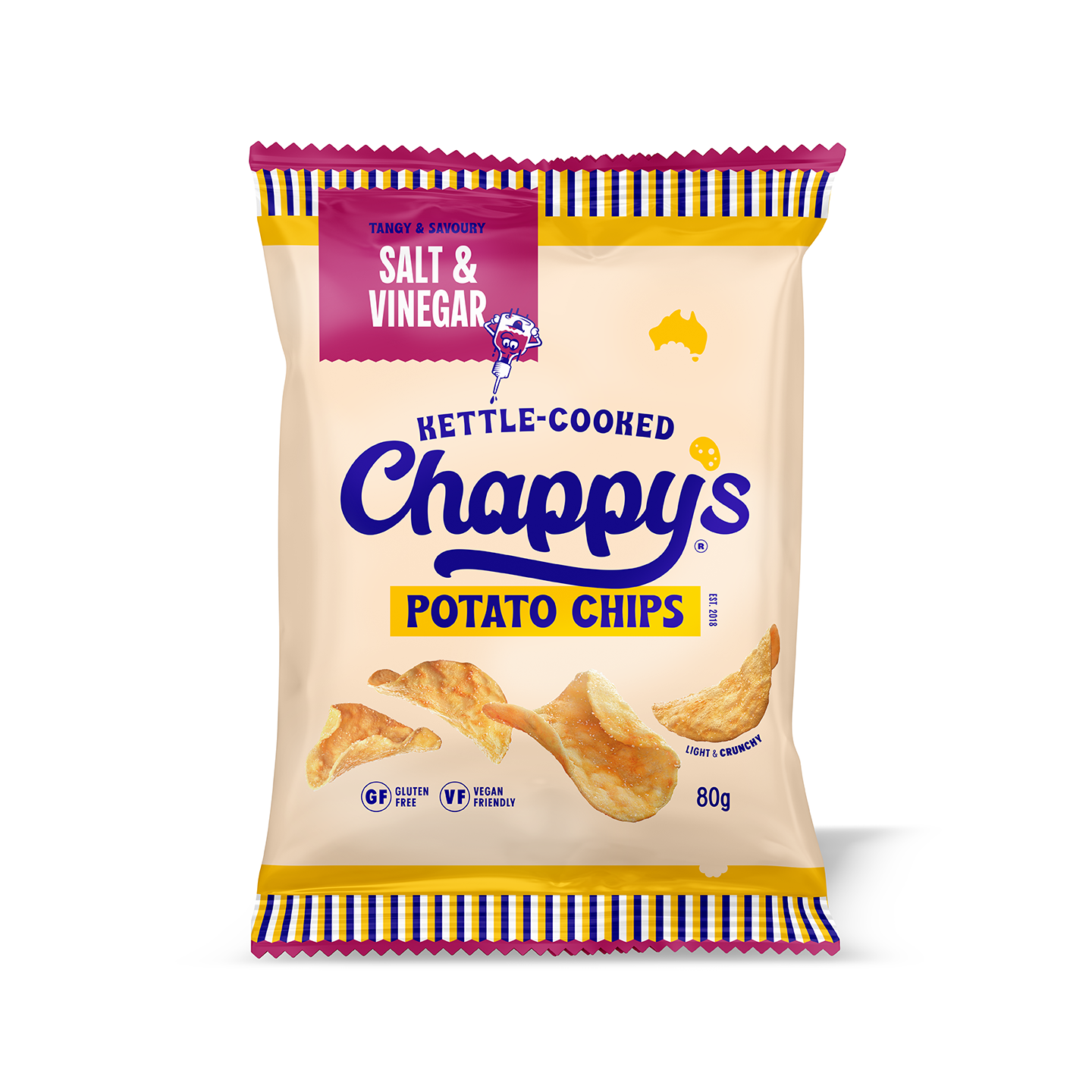 Chappy's potato chips packaging with salt and vinegar flavor on a white background