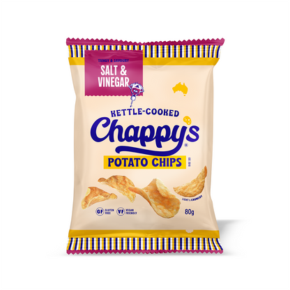 Chappy's potato chips packaging with salt and vinegar flavor on a white background