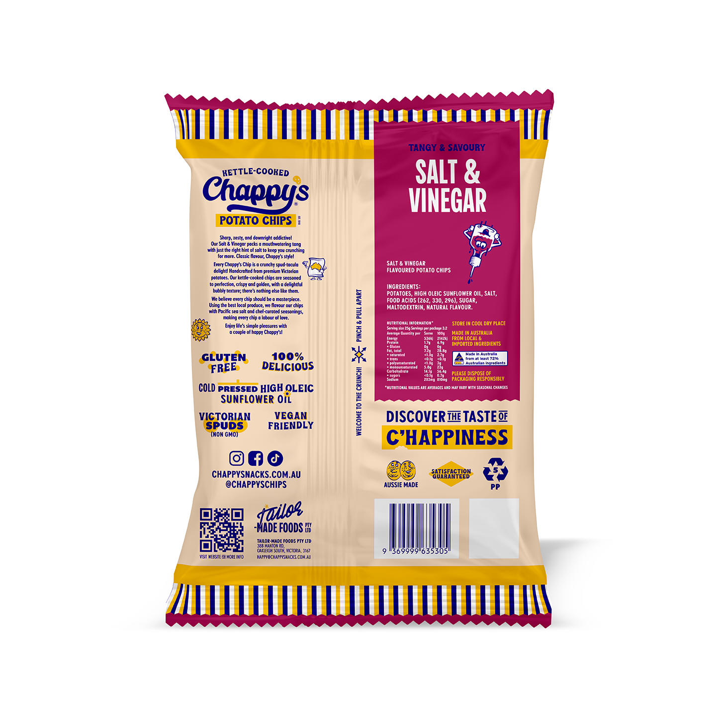 Chappys Salt & Vinegar potato chips packaging on a white background
