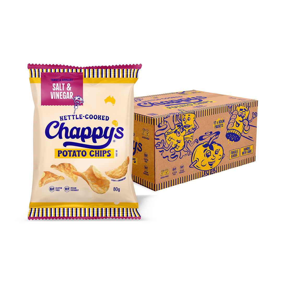 Chappy's Salt & Vinegar potato chips packaging including a single bag and a box on a white background
