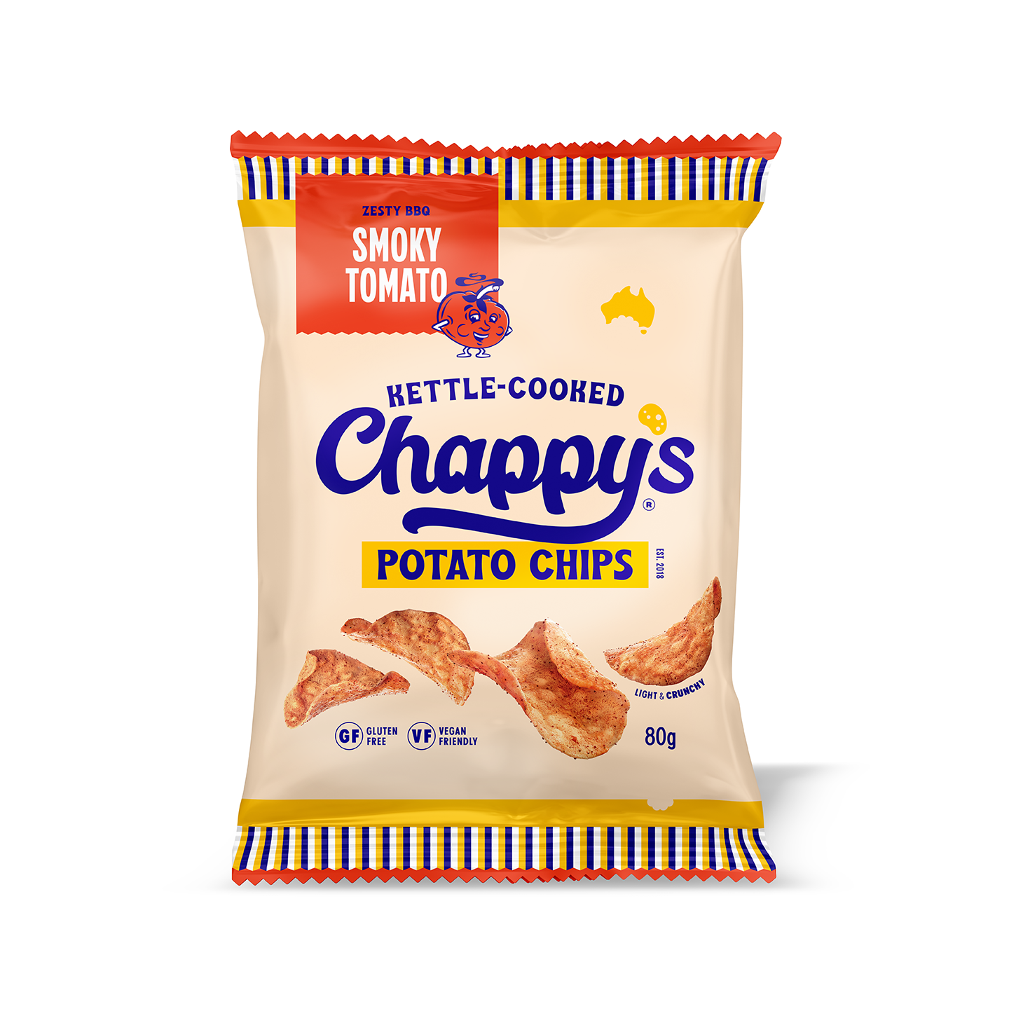 Chappy's Smoky Tomato potato chips packaging on a white background