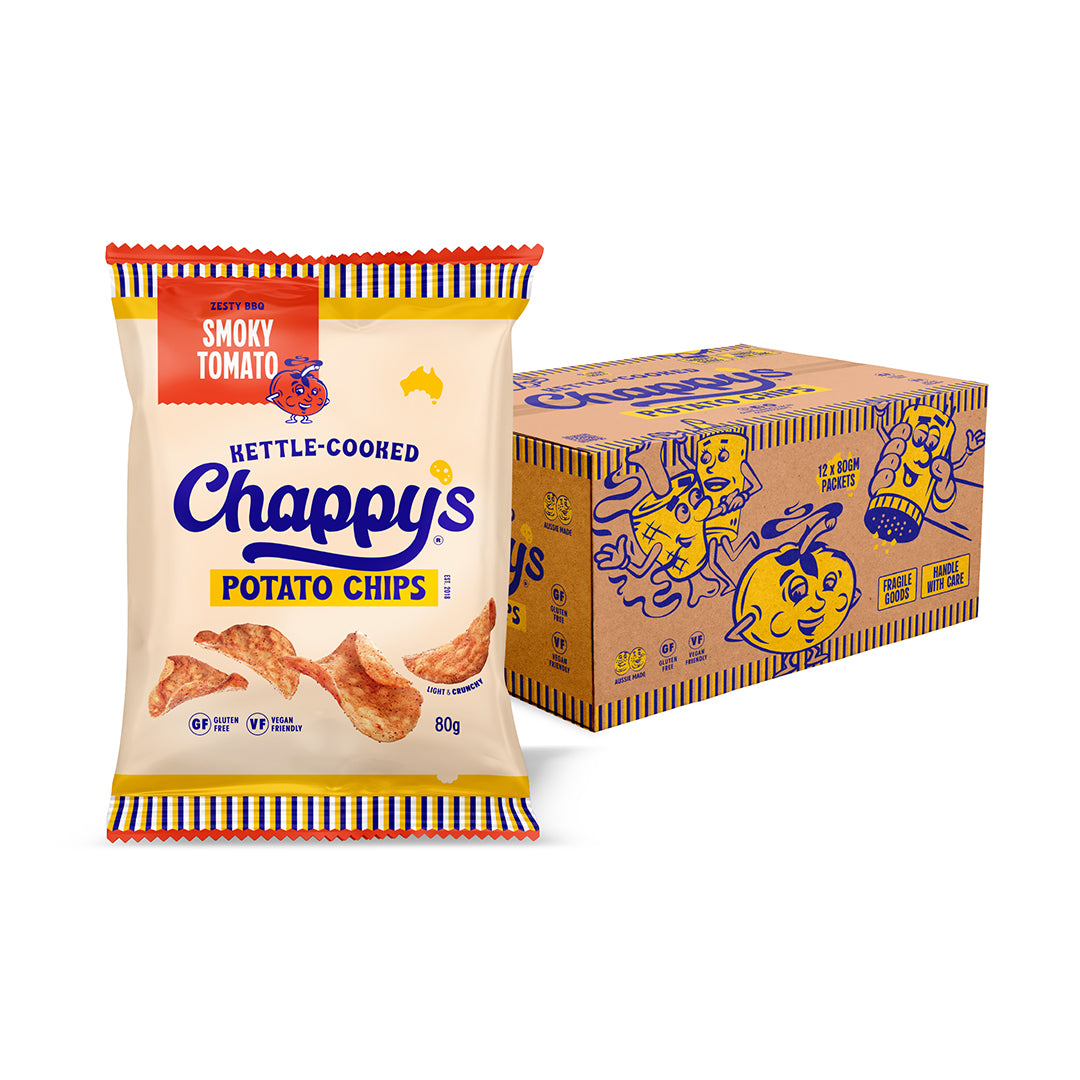 Chappy's Smoky Tomato potato chips packaging with a box in the background on a white background