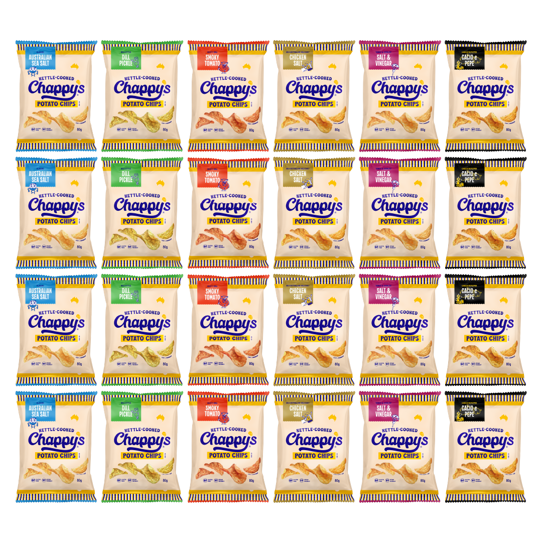 Multiple packages of Chappy's potato chips arranged in a grid on a white background.