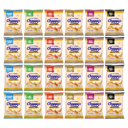 Multiple packages of Chappy's potato chips arranged in a grid on a white background.