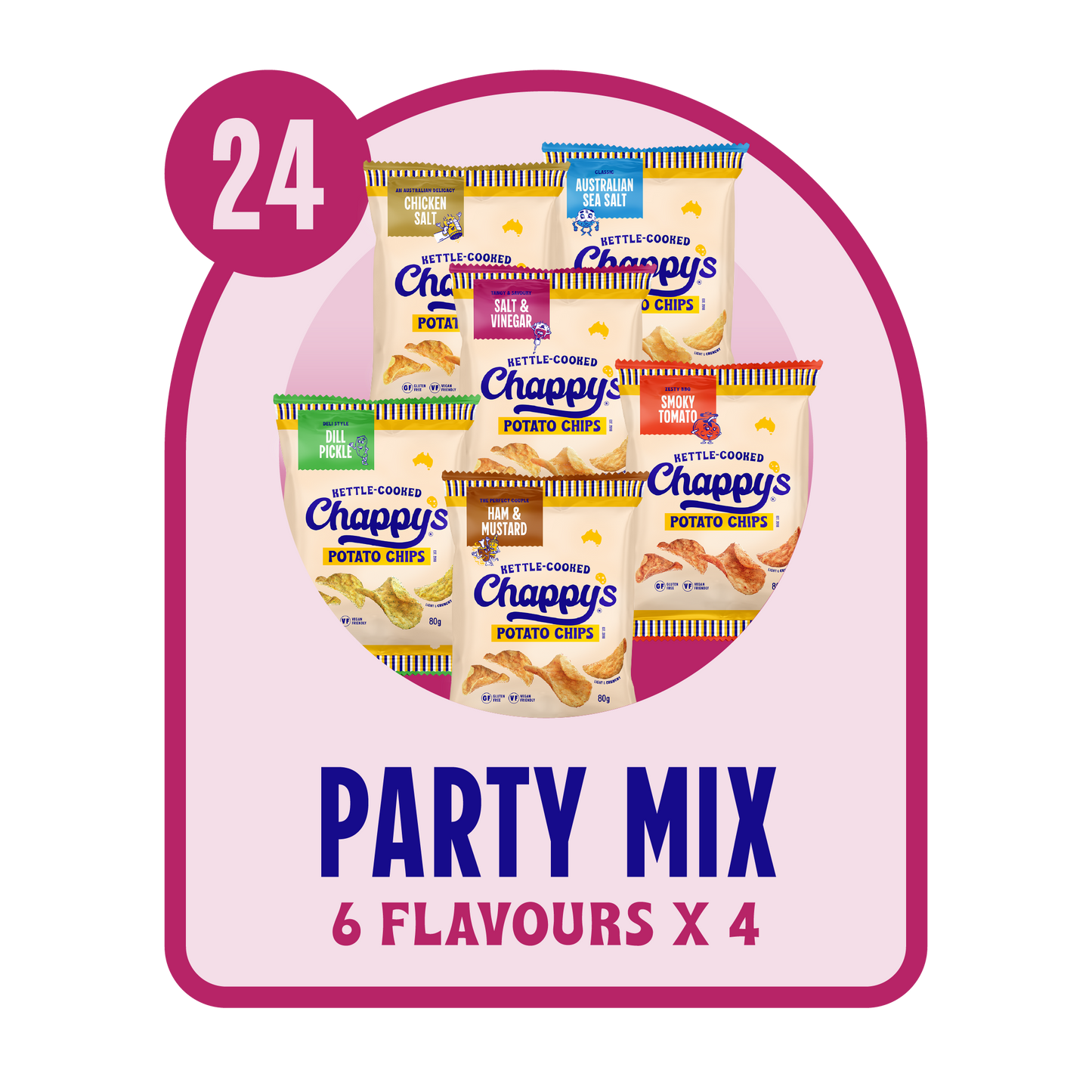 Packaging of Chappy's potato chips with 24 packages, featuring 6 flavors, on a pink and purple background.