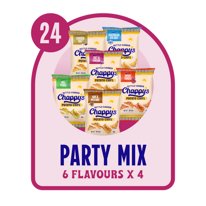 Packaging of Chappy's potato chips with 24 packages, featuring 6 flavors, on a pink and purple background.