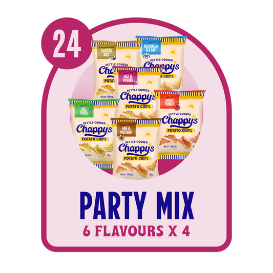 Packaging of Chappy's potato chips with 24 packages, featuring 6 flavors, on a pink and purple background.