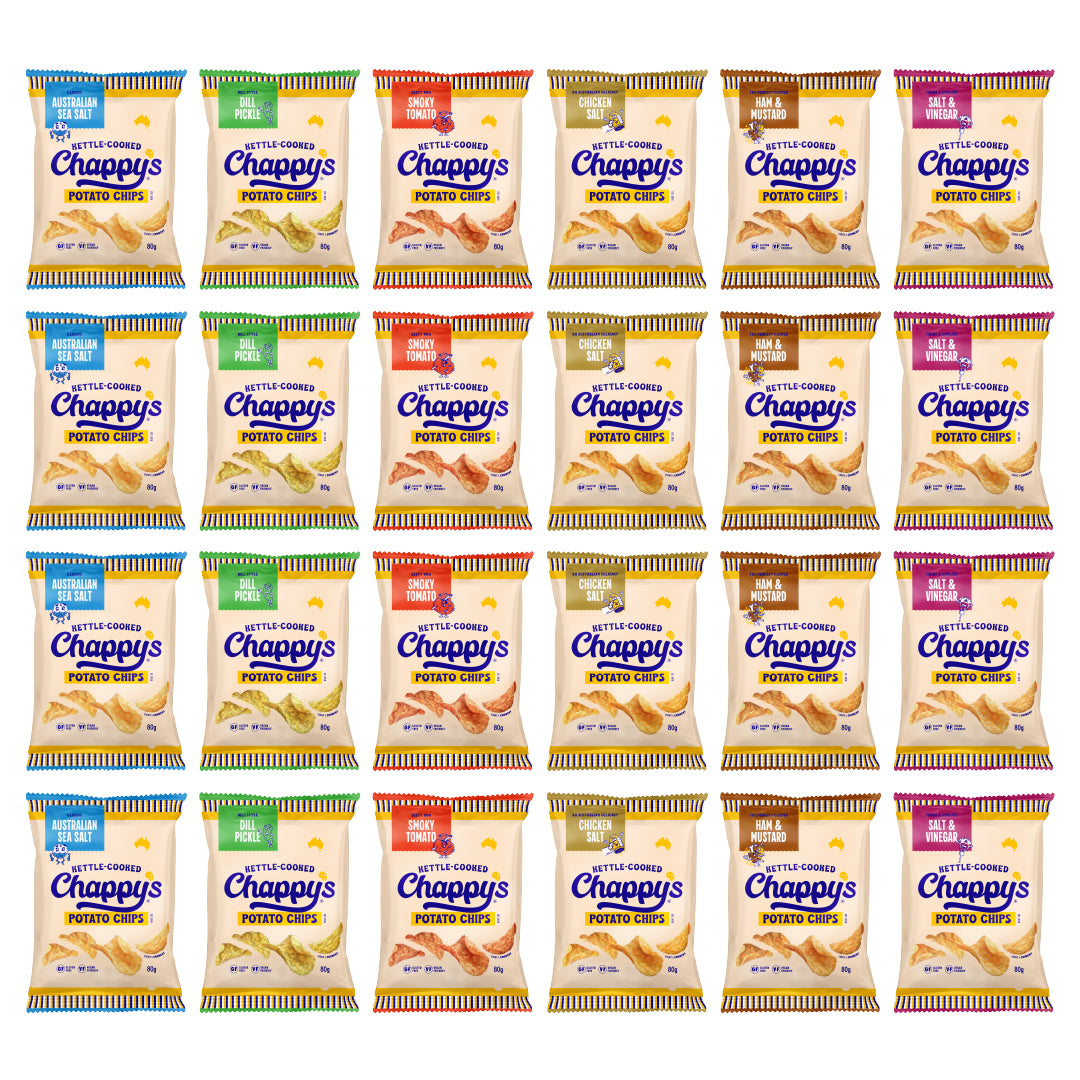 Multiple packages of Chappy's potato chips arranged in a grid on a white background.