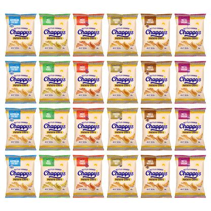Multiple packages of Chappy's potato chips arranged in a grid on a white background.
