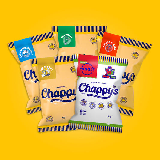 A collection of Chappy's Chips bags in various flavours, including Australian Sea Salt, Dill Pickle, Smoked Tomato, Chicken Salt, and Mingle Chilli & Lime.