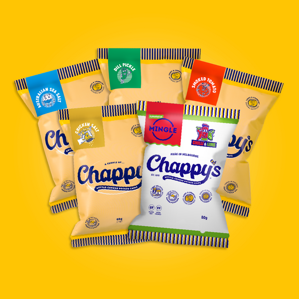 A collection of Chappy's Chips bags in various flavours, including Australian Sea Salt, Dill Pickle, Smoked Tomato, Chicken Salt, and Mingle Chilli & Lime.
