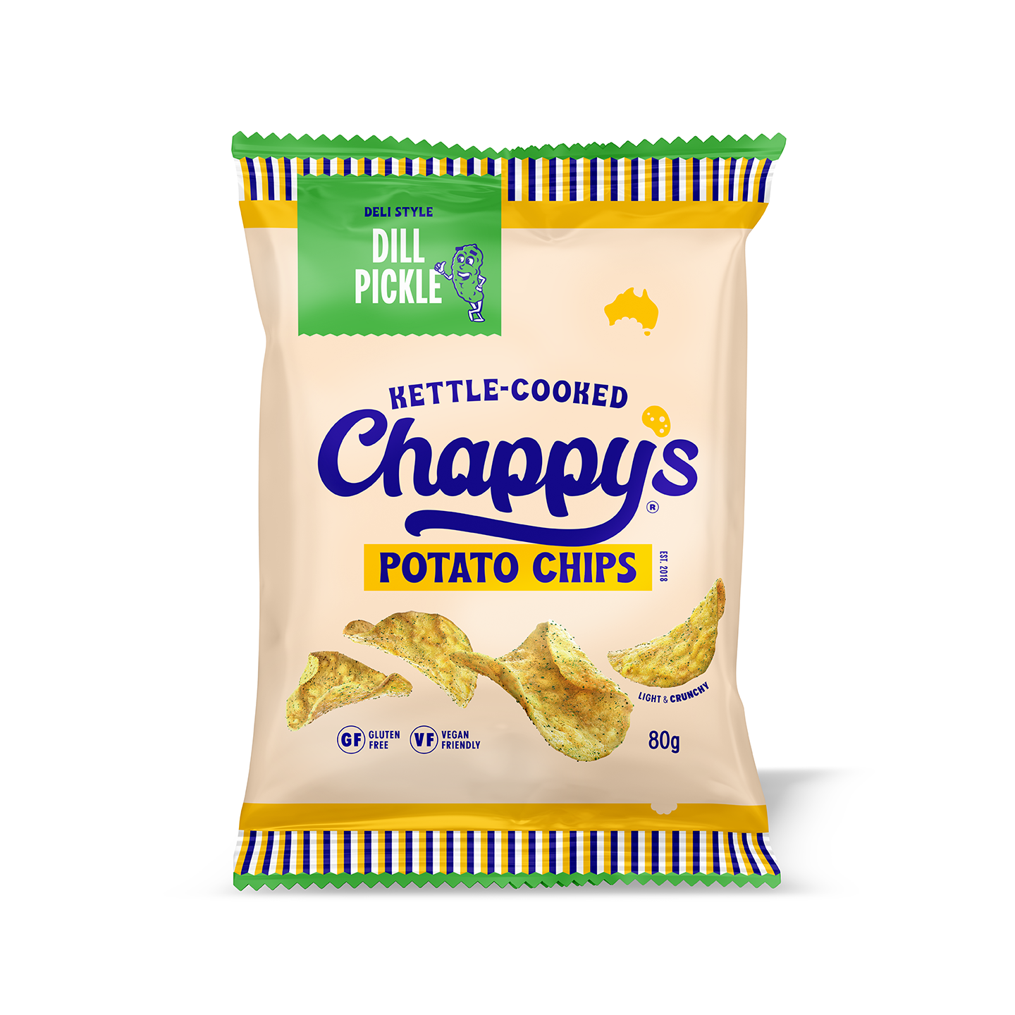 Chappy's Dill Pickle potato chip bag, with the brand name and dill pickle flavour clearly visible.