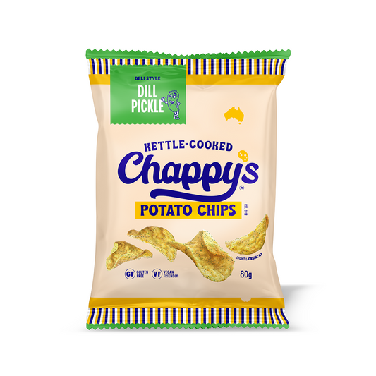 Chappy's Dill Pickle potato chip bag, with the brand name and dill pickle flavour clearly visible.