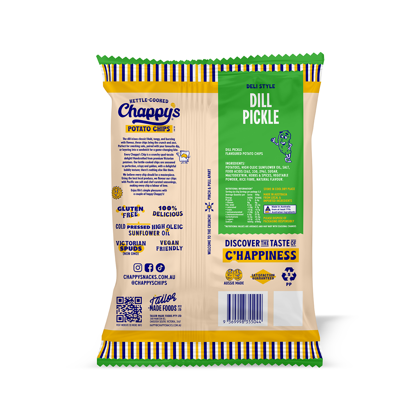 Chappy's Dill Pickle potato chip bag, with the brand name and dill pickle flavour clearly visible.