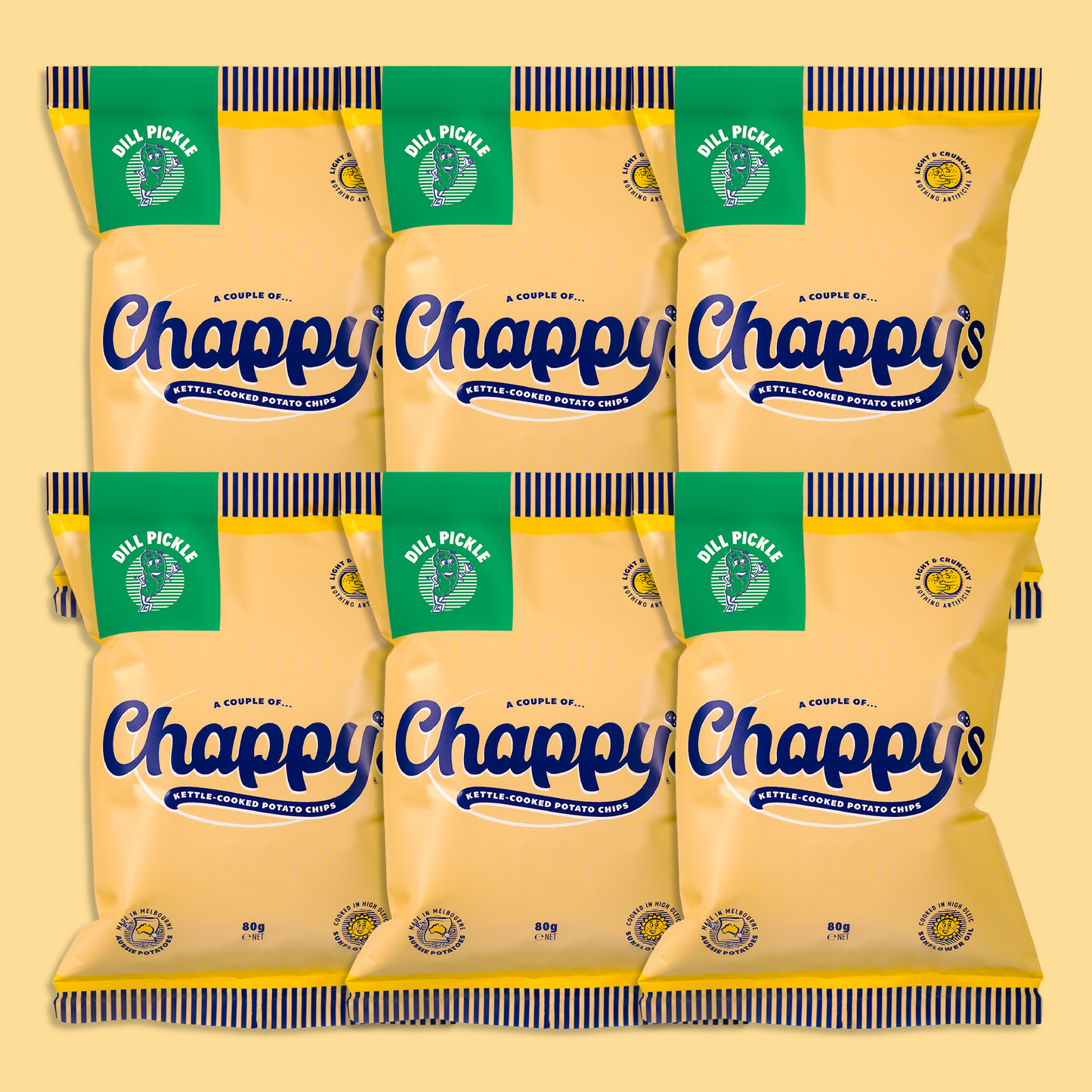 A collection of six Chappy's Dill Pickle potato chip bags in two rows, with the brand name and dill pickle flavour clearly visible.