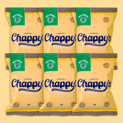 A collection of six Chappy's Dill Pickle potato chip bags in two rows, with the brand name and dill pickle flavour clearly visible.