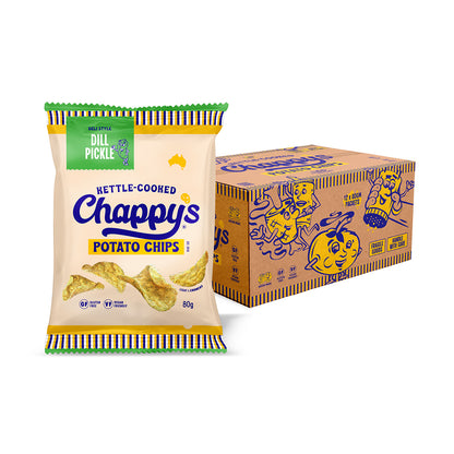 Chappy's Dill Pickle potato chip bag, with the brand name and dill pickle flavour clearly visible. Branded box behind bag of Chappy's