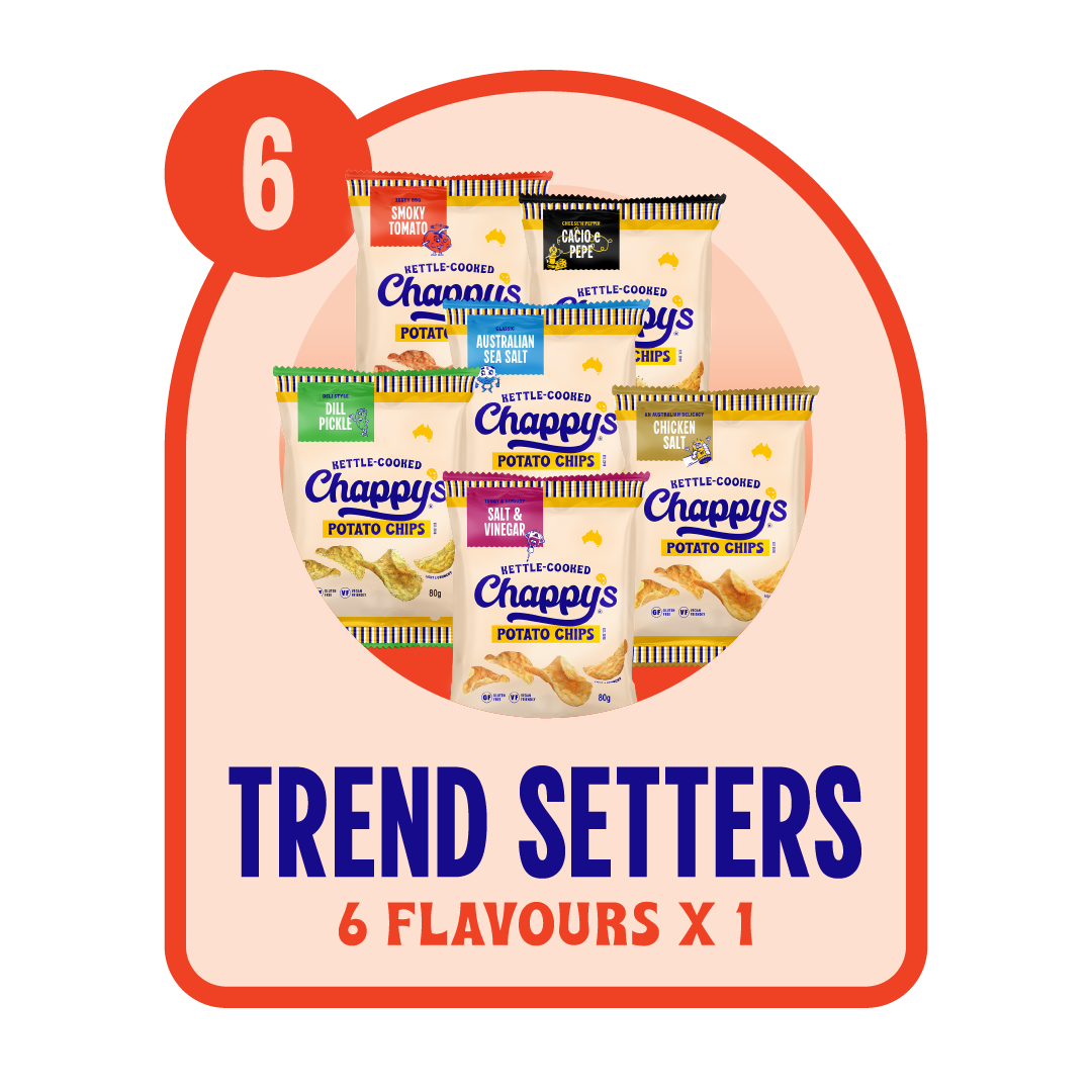 A collection of Chappy's Chips bags in various flavours, including Australian Sea Salt, Dill Pickle, Smoky Tomato, Chicken Salt, Salt & Vinegar and Cacio e Pepe.