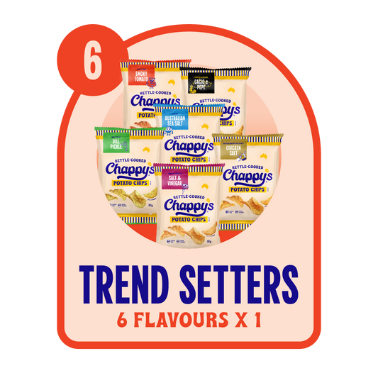 A collection of Chappy's Chips bags in various flavours, including Australian Sea Salt, Dill Pickle, Smoky Tomato, Chicken Salt, Salt & Vinegar and Cacio e Pepe.